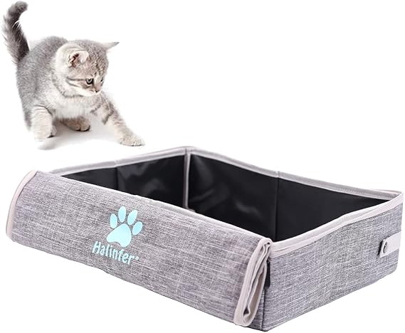 Portable Cat Travel Litter Box with Lid, Collapsible Litter Box for Cat and Kitten, Waterproof and Easy to Clean (Grey)