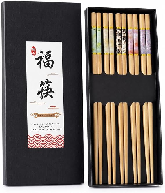 Valkyrie 5 Çift 24cm Bambu Desenli Yemek Çubuğu Seti Hediyelik Kutulu Japon Sushi Chopstick