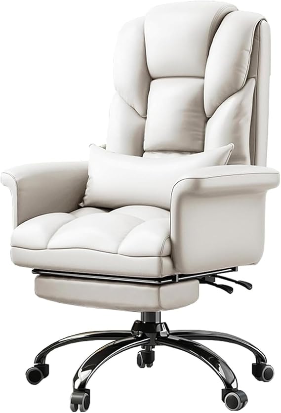 Office Chair,Luxury Executive Office Chair with Footrest and 360° Rotation High Back PU Leather Swivel Boss Chair for Ergonomic Comfort Easy Assembly Off White