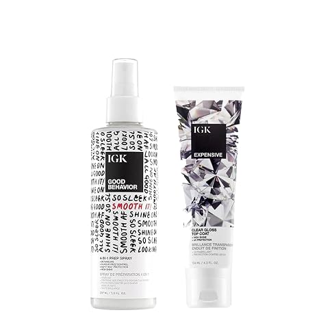 IGK Good Behavior 4-in-1 Prep Spray + Expensive Clear Gloss Top Coat | Shine + Strengthen + Smooth | Vegan + Cruelty Free | 7 oz + 4.2 oz