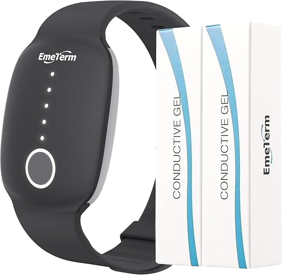 EmeTerm Fashion Anti-Nausea Wristband Relieve Morning Motion Travel Sickness Rechargeable Drug Free Bands without Side Effects - Extra 2pack Conductive Gel (Black - Extra 2pack Conductive Gel)