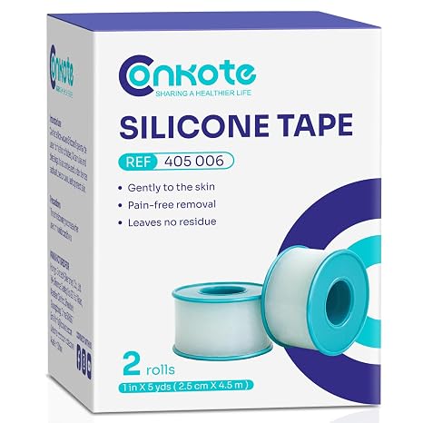 Pain-Free Removal Silicone Tape 1" x 5 Yards, for Sensitive Skin, 2 Rolls