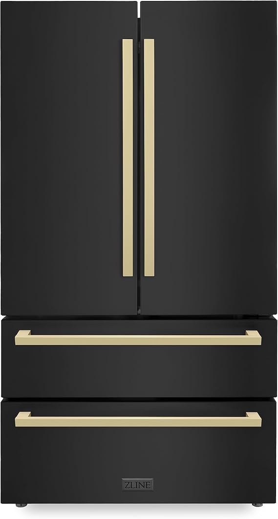 ZLINE Autograph Edition 36 in. 22.5 cu. ft. Counter-Depth French Door Refrigerator with Ice Maker in Fingerprint-Resistant Black Stainless Steel and Champagne Bronze Modern Handles (RFMZ-36-BS-FCB)
