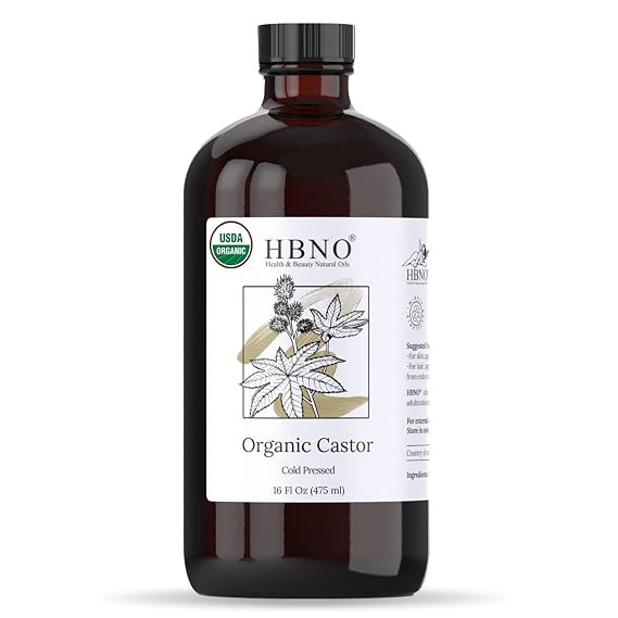HBNO Organic Castor Oil - 16 oz (475ml) Value Size - Ideal for Shampoos, Conditioners, Mouth Washes, Face wash, Lotions, and Skin care products (Glass Bottle)