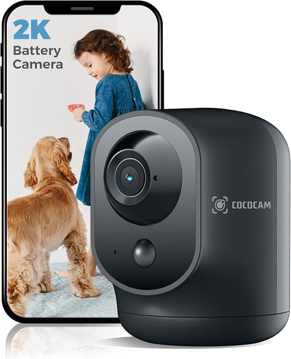 COCOCAM 2K Indoor Pan/Tilt WiFi Security Camera with 5200mAh Battery | Wireless for Baby Monitor/Pet/Home Security, AI Recognition, PIR Human Detection, 2.4G WiFi (Black)