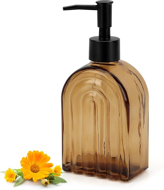 Glass Soap Dispenser with Plastic Pump, 13.5Oz Refillable Liquid Farmhouse Soap Dispenser for Hand and Dish Set for Bathroom Countertop Decor
