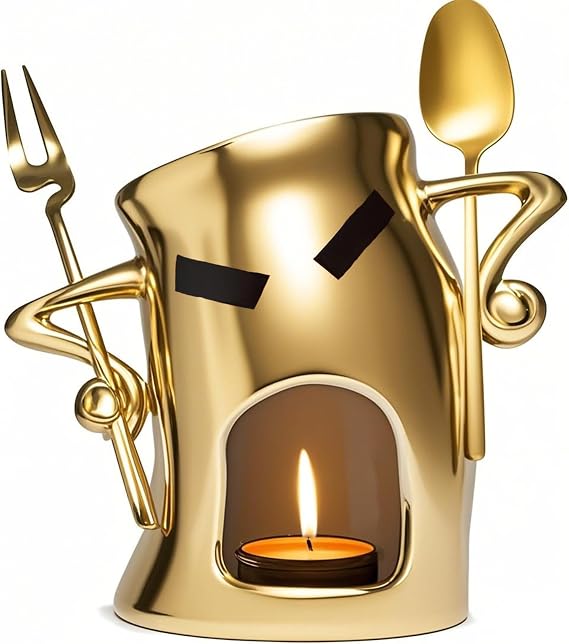 Chocolate Fondue Mug Set - Ceramic Melting Cup with 1 Fork & 1 Scoop, Sweet Gift for Parties, Valentines Day & Cozy Nights, Cute Mini Fondue Pot for Candy & Desserts (Gold)