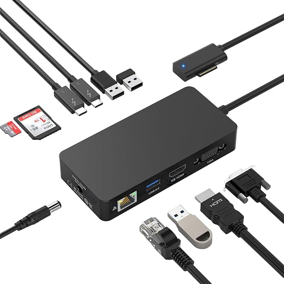 11 in 1 Docking Station with 4K@60HZ HDMI+VGA, Pro Docking Station Power Supply for Pro 11/10/9/8/X/7/6/5/4/3, Laptop Go, Laptop 6-1, Book 3/2/1