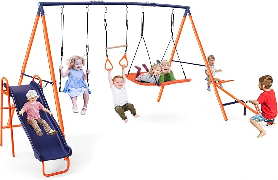 Swing Sets with Slide for Backyard 700lb 5in1 Playground Set Teeter Totter | Large Metal Frame with 2 Adjustable Swings, Ring Trapeze Bar, Slide Teeter Totter Outdoor Playset Swingset for Kids