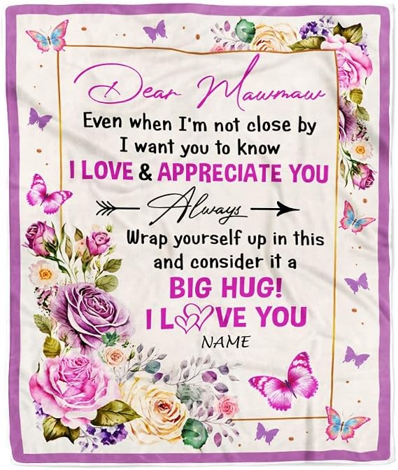 Personalized Dear Mawmaw Blanket from Granddaughter Grandson It A Big Hug Butterfly Rose Mawmaw Birthday Mothers Day Christmas Customized Fleece Blanket (50 x 60 in Youth Size)