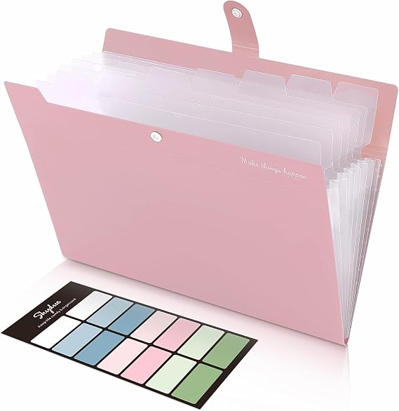SKYDUE Document Folder A4 Folder with 8 Compartments A4 Expanding Folder with Labels Portable Organiser Folder System Document Folder for Home Office School and Travel (Pink)