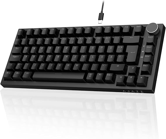 AJAZZ AK820 Mechanical Keyboard 75% Hot Swappable Wired Keyboard with Volume Control Knob German QWERTZ Layout PBT Keycaps Five-Layer Sound Insulation Pad 82-Keys Gaming Keyboard Black