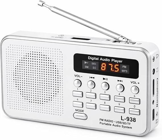L-938 Şarjlı Taşınabilir FM Radyo | Dijital Ekranlı | USB/TF/SD/AUX Destekli | BL-5C Bataryalı Cep Radyosu (Beyaz)