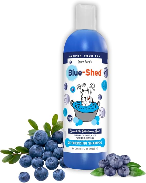 South Bark Blue-Shed Shampoo for Dogs & Cats 12 oz. | Brightening | Deshedding | Long-Lasting, Fruity Scent | Cruelty-Free | Paraben-Free | Biodegradable and Non-Toxic | Made in USA
