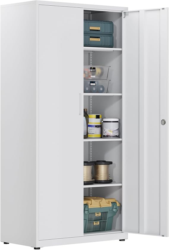 Metal Storage Cabinet, Locking Garage Cabinet, 5-Tier Office Cabinet with Adjustable Shelves, Cupboards for Office, Garage and Utility Room, White