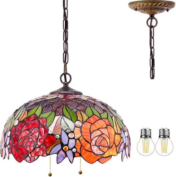 WERFACTORY Tiffany Pendant Light Fixture 16" Stained Glass Hanging Lamp | Red Yellow Rose Wide 16 Inch, Height 40 Inch S001 Series