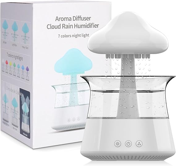 cjc Cloud Rain Humidifier for bedroom with Soothing Rain Sounds Sleep Aid, Waterfall Night Light, Mushroom Design Air Moisturizer,Room Decor Aesthetic for living room (White)