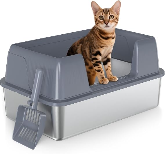 Vivifying Stainless Steel Cat Litter Tray with Scoop, XL Cat Litter Tray