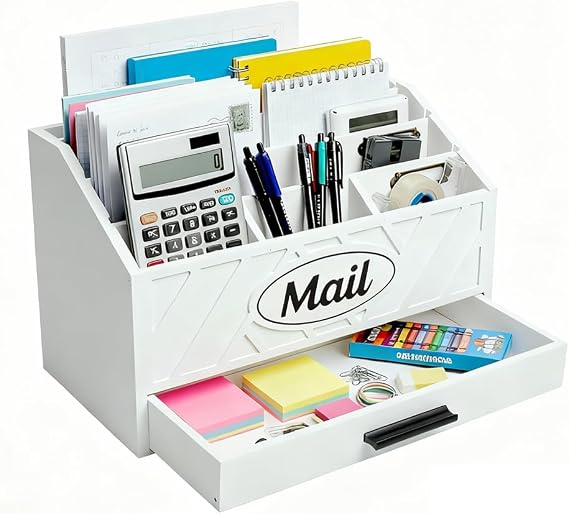 Wood Mail Organizer Countertop, 6 Compartments with Drawer, Black