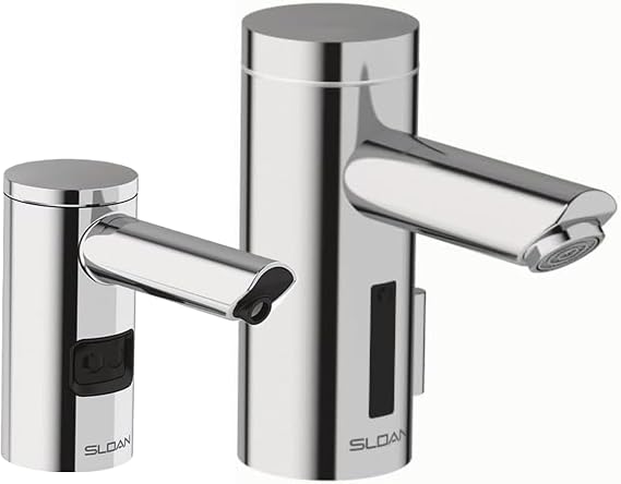 Sloan Optima EAF-250 Sensor Activated Faucet, 3335155 & Sloan ESD-2000 Deck-Mounted Foam Soap Dispenser, 3346089-0.35 GPM Battery-Powered Deck-Mounted Mid Body, Polished Chrome Finish