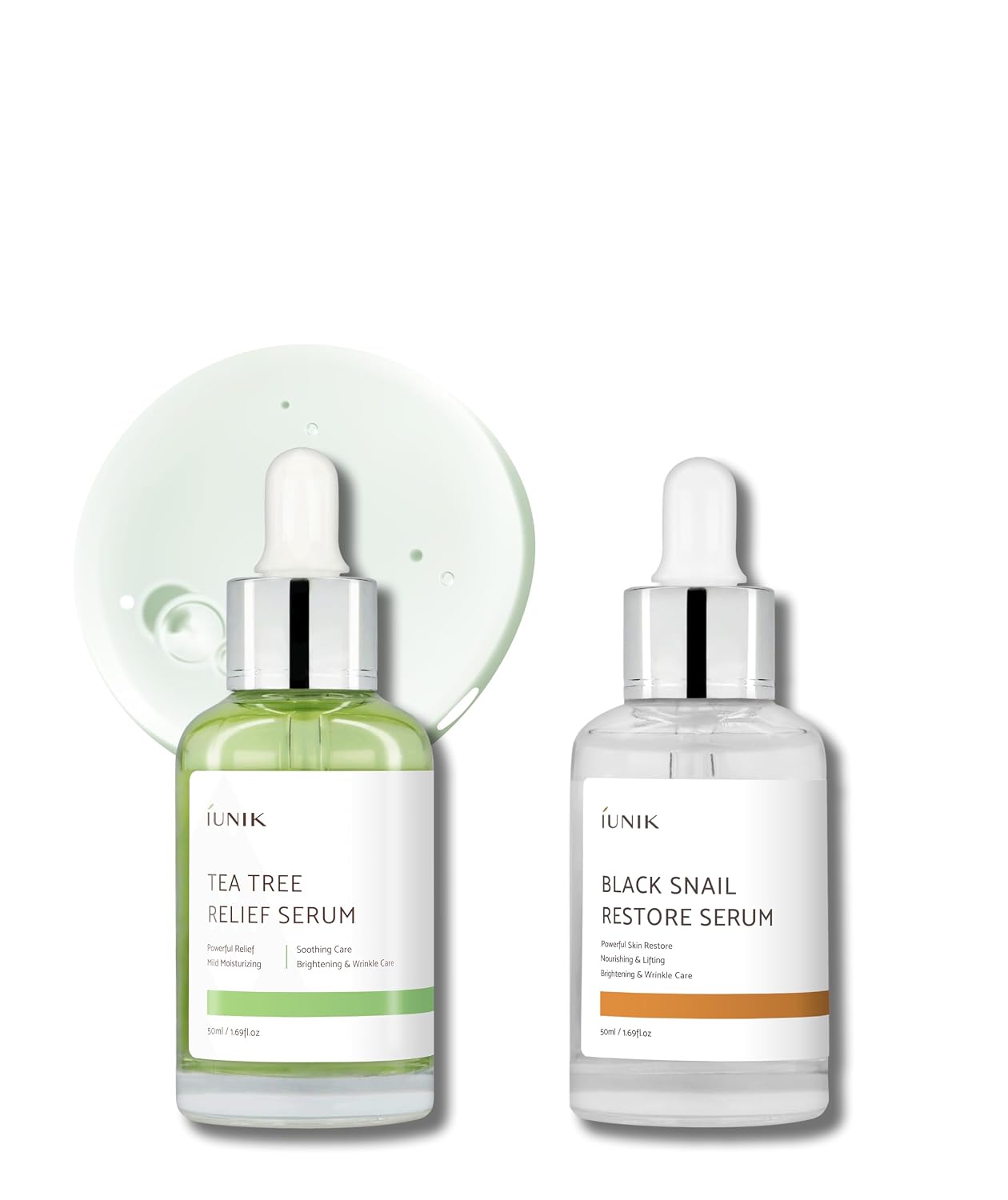 iUNIK Tea Tree Relief Facial Serum  Black Snail Restore Serum - Moisturizing Revitalizing Rejuvenating Hydrating Soothing Anti-Aging Firming Lifting Ampoule Essence All Skin Types Korean Skincare