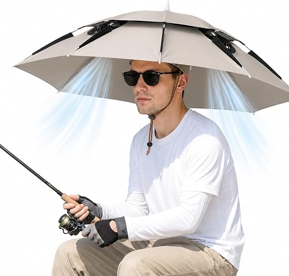 Umbrella Hat with 2 Solar Fan,31.5" Fishing Umbrella Hat Hands Free,Foldable UV Protection Sun Rain Solar Powered Fan Cap,Adjustable Headwear for Fishing Golf Camping Beach Sunshade Outdoor