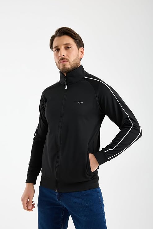 RDR-X Erkek Dalgıç Kumaş Tam Fermuarlı Şerit Detaylı Sweatshirt Siyah - Spor