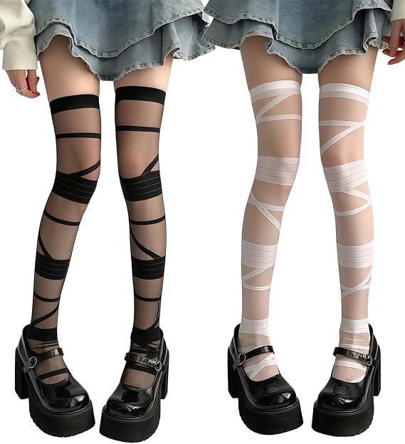 ZGMYC 2 Pack Ripped Fishnet Tights Gothic Pantyhose Stockings Sexy Mesh Irregular Hole Stockings Halloween Accessories