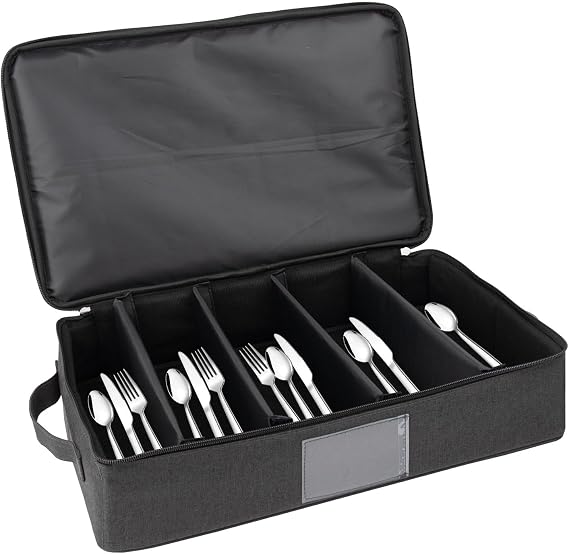 Flatware Storage Case-5 Compartment Silverware Storage Container Box with Removable Lid and Easy to Carry Handles,Cutlery Storage Holder with Zipper Lid for Organizing Cutlery