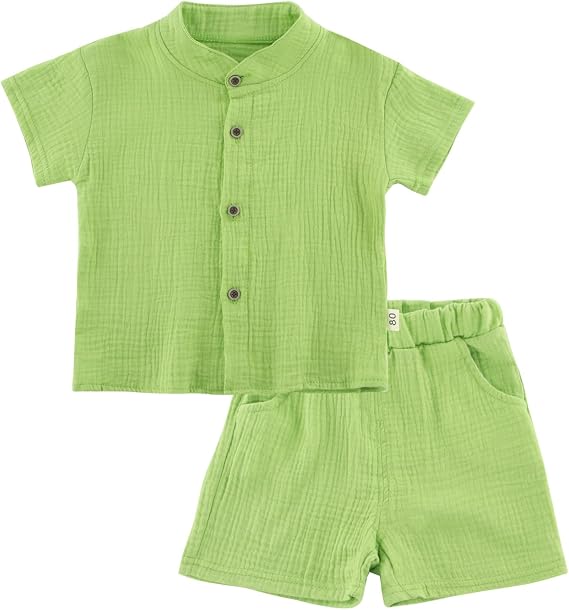 POBIDOBY Baby Boys Short Set Infant Toddler Boys Button Down Short Tops with Cotton Gauze Shorts Summer Beach Outfit