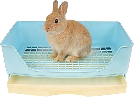 Large Rabbit Litter Tray,Small Animal Litter Box Toilet,Pet Potty Trainer with Drawer for Rabbit Guinea Pig Galesaur Ferrets Hamster Hedgehog Small Animals (Blue)
