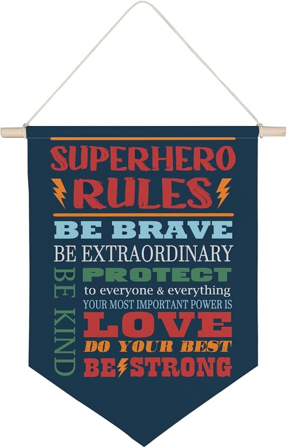 QODUNG Inspirational Quote Superhero Rules Avengers Room Decor,Cool Wall Decor for Boys,Bedroom,Playroom,Toddler and Kids Room,Wall Hanging Pennant Flag Canvas Banner