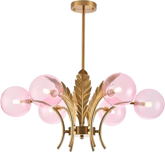 BOKT Modern Sputnik Chandeliers 6-Lights Island Pendant Lighting Fixture Mid Century Ball Chandelier with Pink Globe Lampshade Gold Sphere Ceiling Light for Dining Room Living Room Girls Room