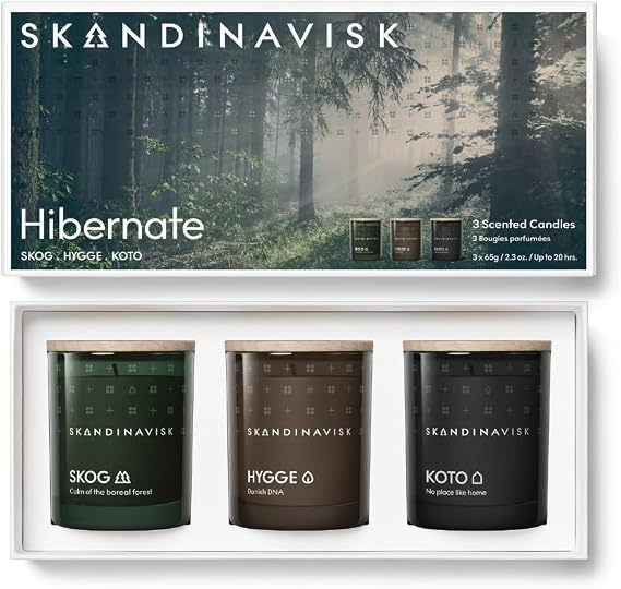 Skandinavisk - Hibernate Giftset of 3 Mini Scented Candles. Skog 'Forest', Hygge 'Cosiness', and KOTO 'Home'. Vegan Formula. 3 x 65g.
