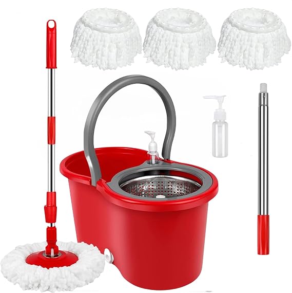 Spin Mop and Bucket with Wringer Set, 360 Spinning Mop Bucket System with 3 Microfiber Mop Replacement Heads Refills,56" Stainless Steel Extended Handle for Floor Cleaning Home(20QT) (Green) (Red)