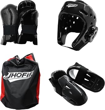 Martial Arts Karate Protective Sparring Gear Package Deal/Gift Adjustable Adults & Kids Headgear, UZJ Gloves & Kicks for MMA, Taekwondo, Boxing Training (Black, Medium)