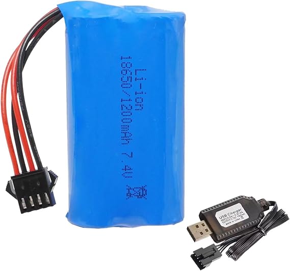 7.4V 1200mAh Li-ion Battery Pack RC Replacement Rechargeable Battery Pack SM-4P Plug with Charger Cable for RC Drone,Remote Control Car
