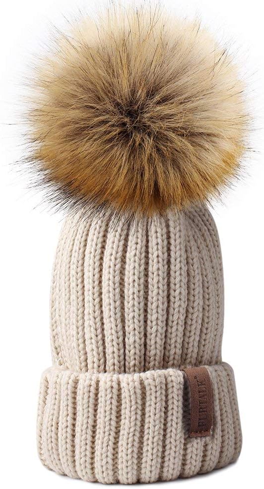 Vpang Winter Knitted Beanie Hat Soft Warm Wool Hat with Removable Faux Fur Pom Pom