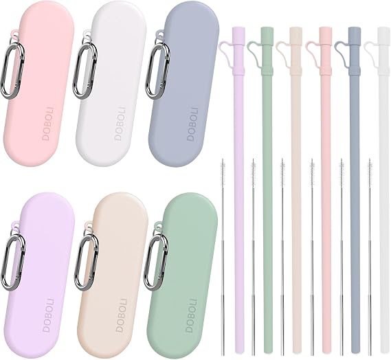 Doboli 6 Set 12 inch Long Silicone Reusable Straws with Case, Collapsible Portable Straw Foldable Drinking Travel Straw With Cover,Cleaning Brush, Compatible with Stanley 40 oz 30 oz Cup Tumbler