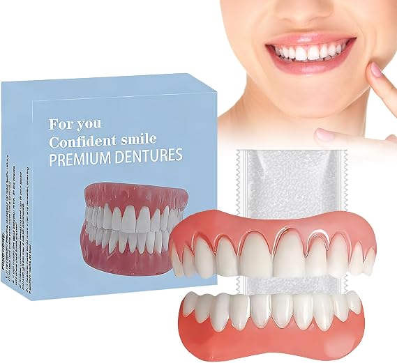 False Teeth Set Full Dentures,Soft Silicone Dentures to Fit Over Existing Teeth,Natural-Looking Comfortable Fit for Men and Women