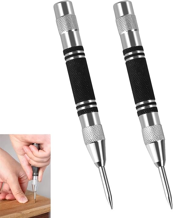 2 Pack Automatic Center Punch, Spring Loaded Center Punch, Adjustable Tension 5 Inch Center Punches Tool for Metal, Glass, Wood, Plastic, DIY, Precision Marking, One-Handed Operation, Durable Steel