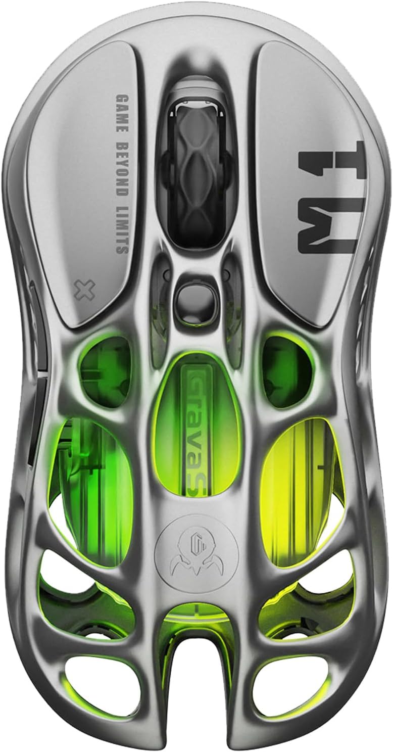 GravaStar Mercury M1 Pro Wireless Gaming Mouse, Magnesium Alloy MMO Gaming Mouse, 26,000 DPI, 88g Light Hollow Design, 5 Programmable Buttons, 5 Dynamic Lightsync RGB Mode, Gunmetal Gray