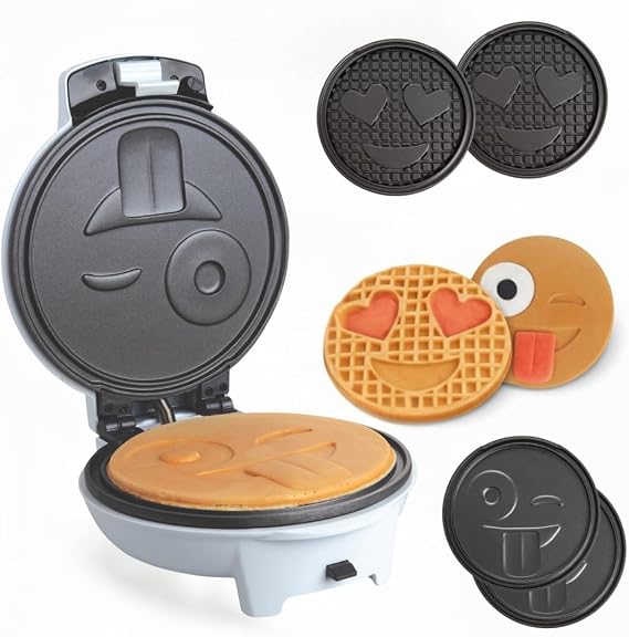 Emoji Smiley Face Waffle & Pancake Maker w 2 Removable Plate Sets