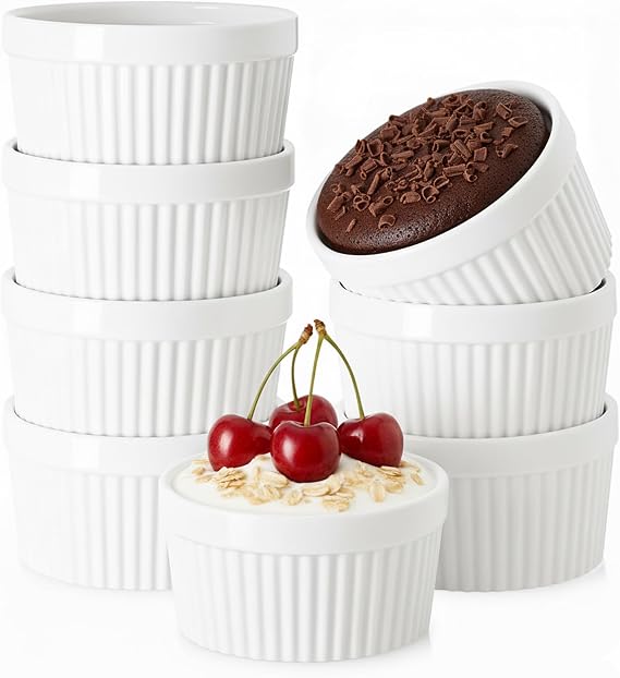 WERTIOO Ramekins 6 oz Oven Safe, 8 Pack Creme Brulee Ramekin Baking Dishes | Small Ramekins Bowls for Cooking, Sleek Porcelain, for Pudding, Sauce, Ice Cream Bowls, Custard Cups, Dessert Cups