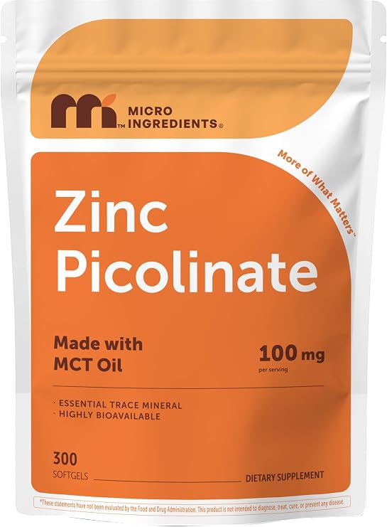 Micro Ingredients Zinc Picolinate 100 mg Per Serving, 300 Softgels | Zinc Supplement for Women & Men | Made with MCT Oil | Non-GMO