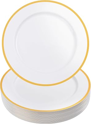Goodluck 12 Inch White Charger Plates, 25 Pack White Charger Plates with Gold Trim, Chargers for Dinner Plates, Plastic Plates for Dinner, Wedding, Party, New Year