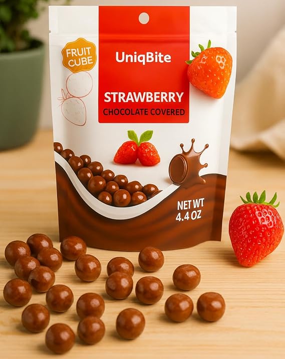 Milk Chocolate Covered Strawberry Cubes, 4.4 oz (125g), Strawberry Chocolate Dragee, Resealable Bag