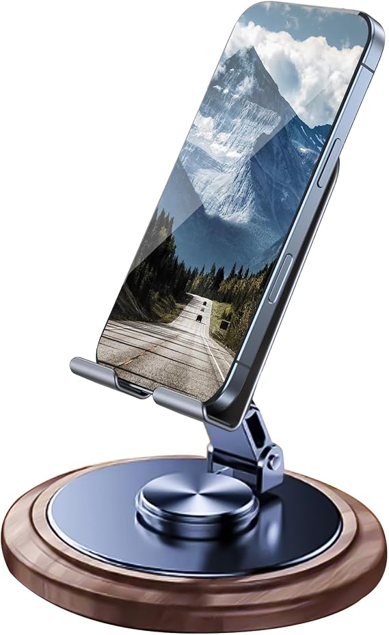 Adjustable Cell Phone Stand,360 Rotating Foldable Desktop Cellphone Stand with Anti-Slip Base Portable Phone Holder for iPhone 16 15 14 13 Pro Max, All Smart Phones, iPad (Wood)