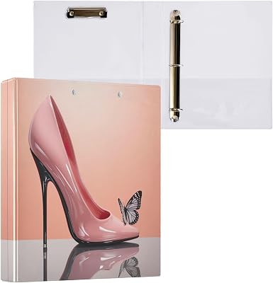 Qilmy 3 Ring Binder, Butterfly High Heels Round Ring Binder Organizer for Letter Size 200 Pages,Clipboard Binder,Cute Binder School Office Supplies70