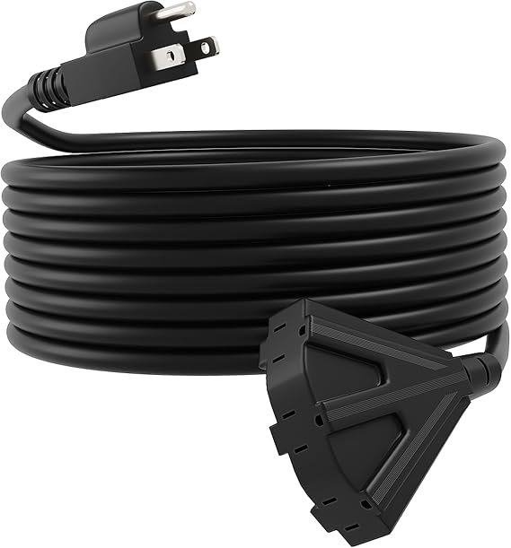 50FT Outdoor Extension Cord, 16/3 SJTW Tri-Tap Power Cable, Weatherproof, Heavy Duty Extension Cord for Holiday Decoration and Landscaping Lights,Black